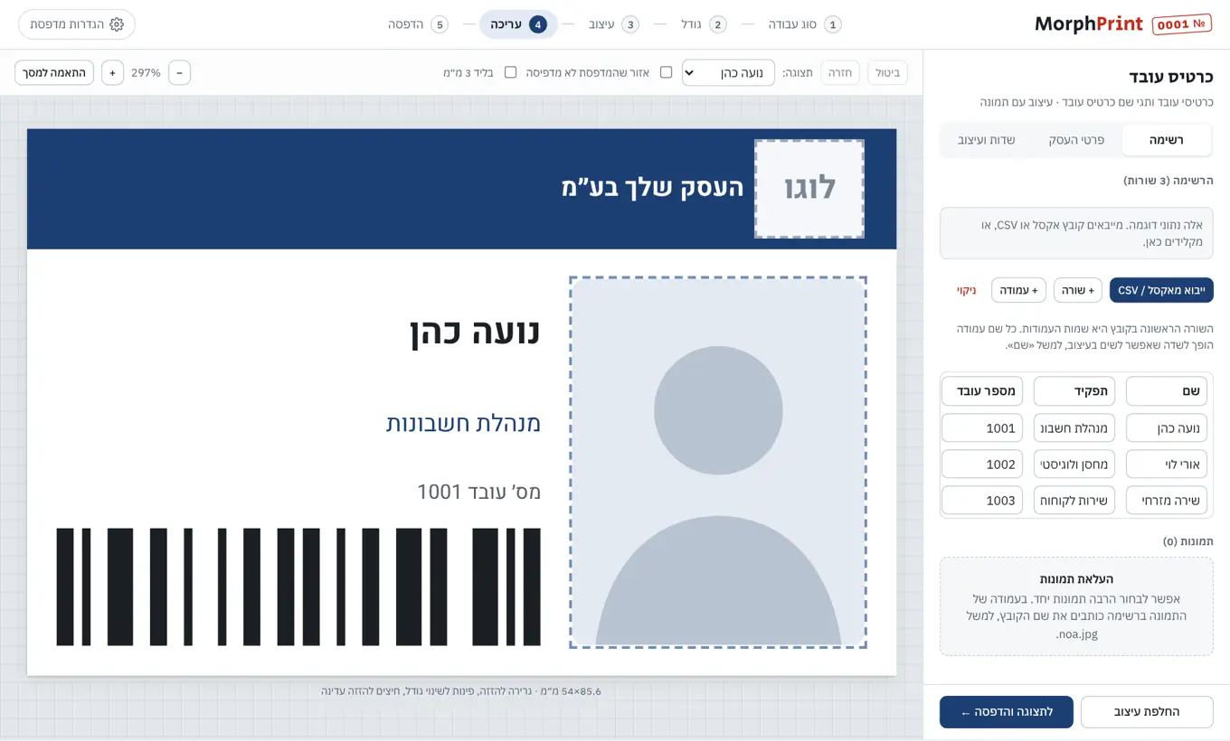 מסך העריכה של כרטיס עובד: פס כחול עם שם העסק, שם העובד ותפקידו, מספר עובד, ברקוד ומקום לתמונה, ובצד טבלת הרשימה עם שלושה עובדים